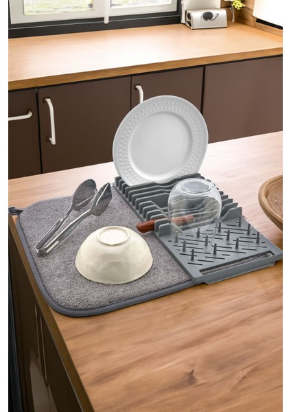 Orta Boy Mikrofiber Bulaşık Kurutma Matı 36X40 cm Gri