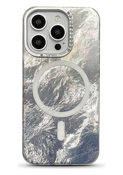 Apple iPhone 12 Pro Uyumlu Kılıf Zebana Glow Taşlı Silikon Kılıf (Kablosuz Şarj) Gri