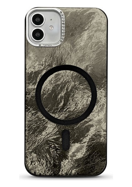 Apple iPhone 12 Uyumlu Kılıf Zebana Glow Taşlı Silikon Kılıf (Kablosuz Şarj) Siyah