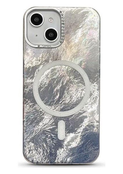 Apple iPhone 15 Plus Uyumlu Kılıf Zebana Glow Taşlı Silikon Kılıf (Kablosuz Şarj) Gri