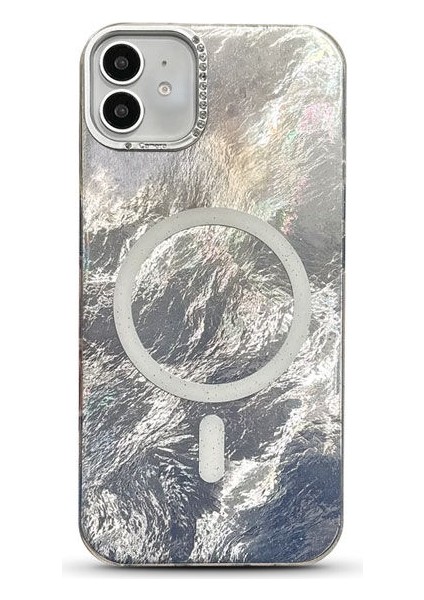 Apple iPhone 12 Uyumlu Kılıf Zebana Glow Taşlı Silikon Kılıf (Kablosuz Şarj) Gri