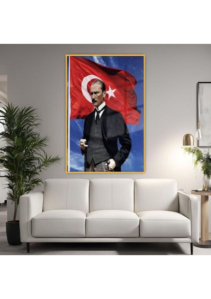 Metal Çerçeveli Temperli Cam Türk Bayrağı ve Atatürk Resmi Tablo, Şık Dekor.