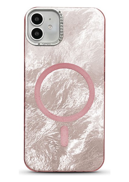 Apple iPhone 12 Uyumlu Kılıf Zebana Glow Taşlı Silikon Kılıf (Kablosuz Şarj) Rose Gold