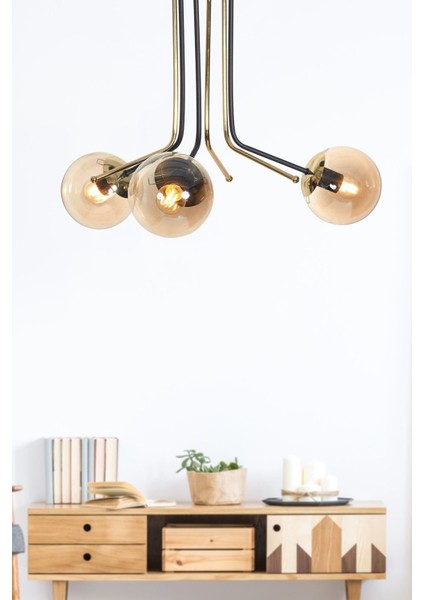 3'lü Altın ve Siyah Metal Gövde Bal Rengi Camlı Şık Avize