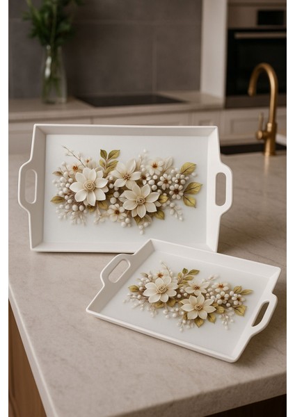 Şık Çiçek Desenli 2'li Dikdörtgen Sunum Tepsisi Seti, Beyaz, 40X30 ve 33X26 cm