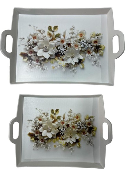 Şık Çiçek Desenli 2'li Dikdörtgen Sunum Tepsisi Seti, Beyaz, 40X30 ve 33X26 cm fiyatları