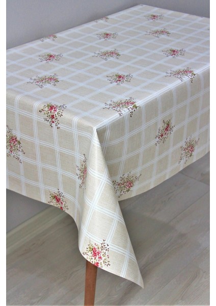 Elyaflı Pvc Muşamba Masa Örtüsü, Krem Çiçek Desenli, Silinebilir, Çok Renkli