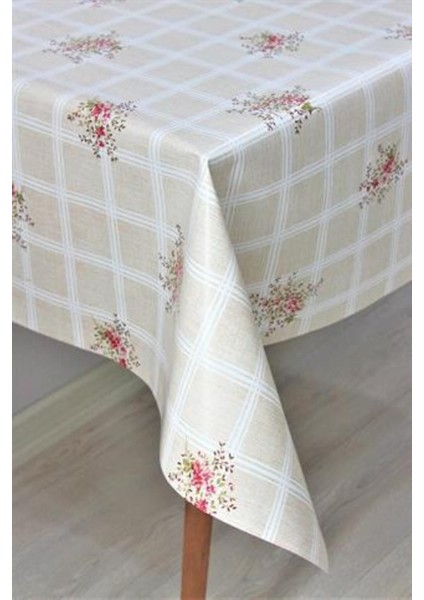 Elyaflı Pvc Muşamba Masa Örtüsü, Krem Çiçek Desenli, Silinebilir, Çok Renkli