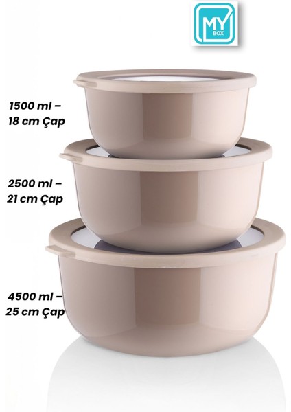 3'lü Saklama Kabı Seti, Mikrodalga ve Dondurucu Uyumlu, 1500-4500 ml Kahverengi