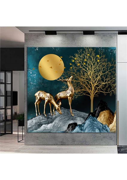 Büyük Kare Altın Dookulu Geyik Kanvas Tablo 140X140CM