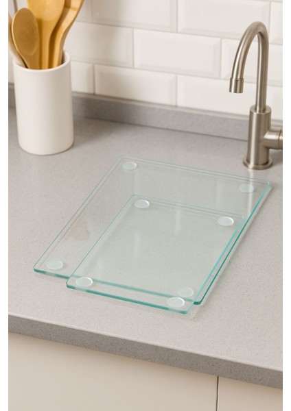 2'li Cam Kesme Tahtası Seti 20X30 ve 25X35 Cm, Hijyenik ve Şık Mutfak Gereci