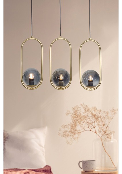Modern 3'lü Sarı Metal ve Füme Camlı Şık Avize, Zarif Tasarım.