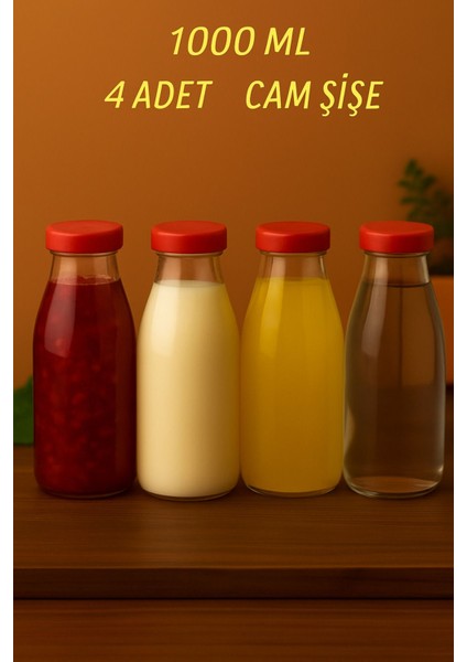 4 Adet 1 Litre Şeffaf Plastik Sürahi, Süt, Ayran, Su ve Meyve Suyu Şişesi