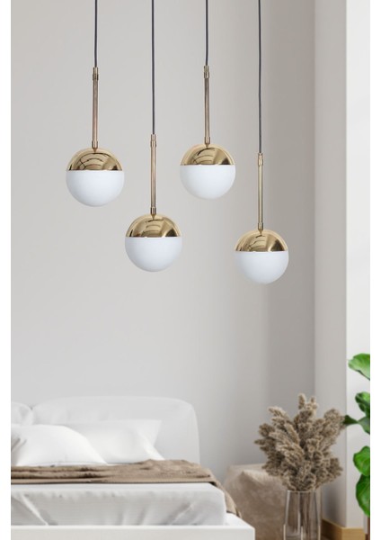 4'lü Altın ve Siyah Metal Avize, Şık Cam Detaylı Lüx Tasarım