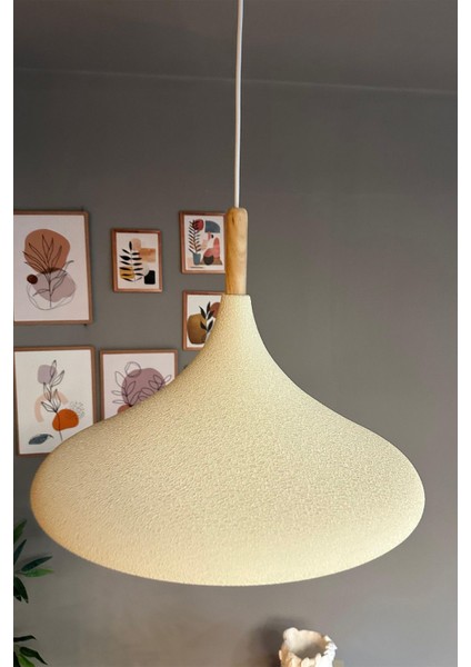 45 cm Çaplı Xl Dokulu Açık Krem Ahşap Sarkıt Avize, Restoran ve Mutfak Için Ideal