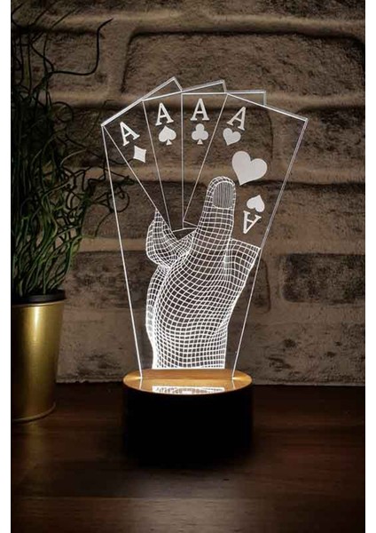 Renkli Poker Figürlü Dekoratif LED Masa Lambası, Ahşap Taban, 7 Işık Rengi