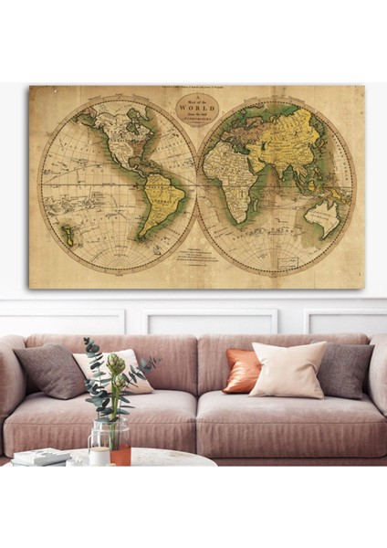 Kahverengi Kanvas Tablo, Tarihi Dünya Haritası, Şık ve Zarif Dekorasyon Parçası
