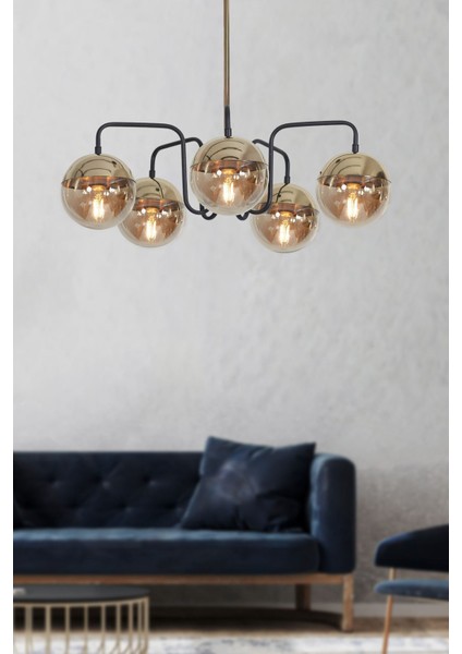 Şık Siyah ve Altın Renkli Metal Gövde Camlı Modern Sarkıt Avize