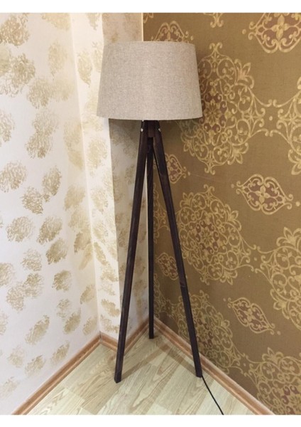 Kumaş Lambader Ahşap Abajur, 3 Ayaklı Konik, Bej Ceviz Renkli Dekoratif Aydınlatma
