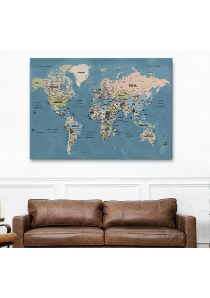 Canlı Renkli Detaylı Dünya Haritası Dekoratif Kanvas Tablo, Eğitici ve Şık Tasarım fiyatları