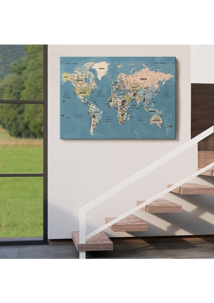 Canlı Renkli Detaylı Dünya Haritası Dekoratif Kanvas Tablo, Eğitici ve Şık Tasarım
