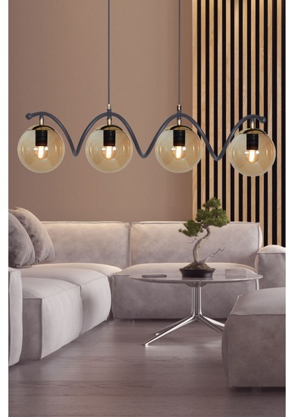 Şık 4'lü Siyah-Gold Bal Camlı Modern Avize, Lüks ve Zarif Tasarım