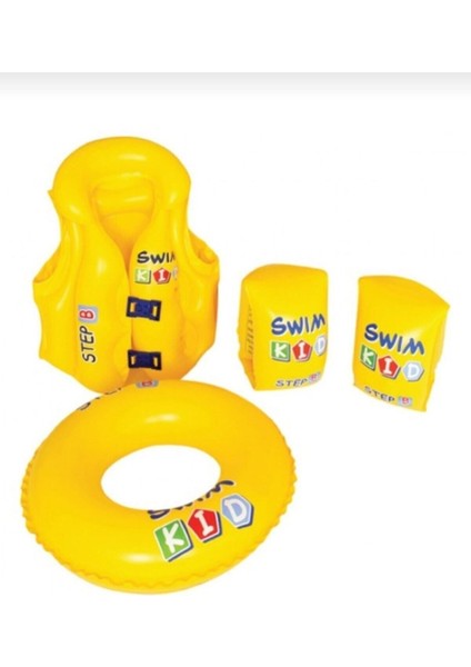 Çocuklar Için 3'lü Yüzme Seti, Kolluk, Simit ve Yelek, Eğlenceli ve Güvenli Yüzme Keyfi