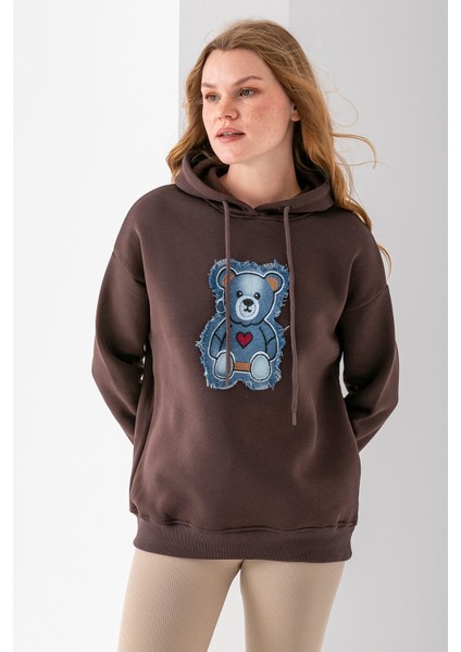 Kadın Kapüşonlu Kot Ayıcık Nakışlı 3ip Sweatshirt Kahverengi - 2621