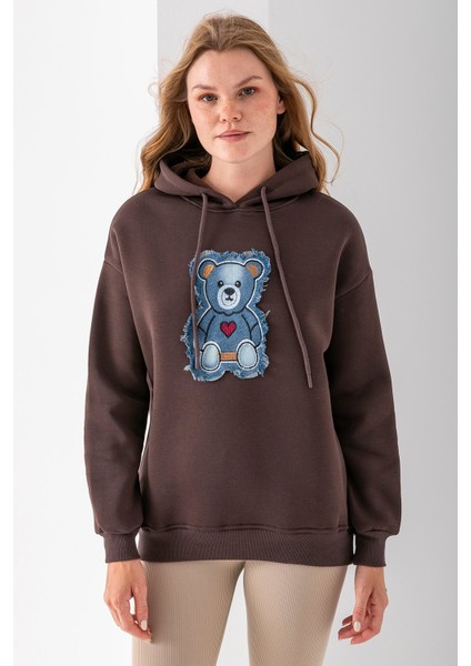 Kadın Kapüşonlu Kot Ayıcık Nakışlı 3ip Sweatshirt Kahverengi - 2621 fiyatları