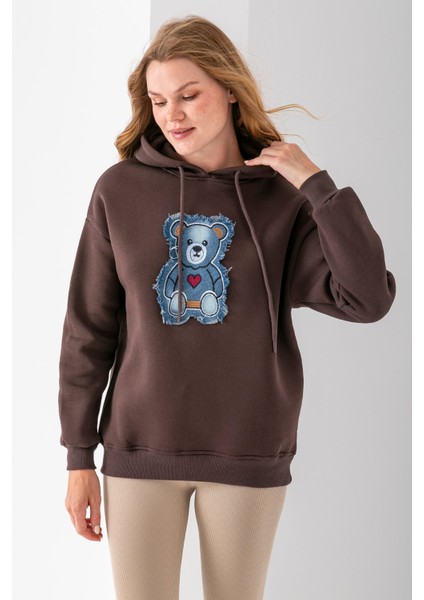 Kadın Kapüşonlu Kot Ayıcık Nakışlı 3ip Sweatshirt Kahverengi - 2621 modelleri