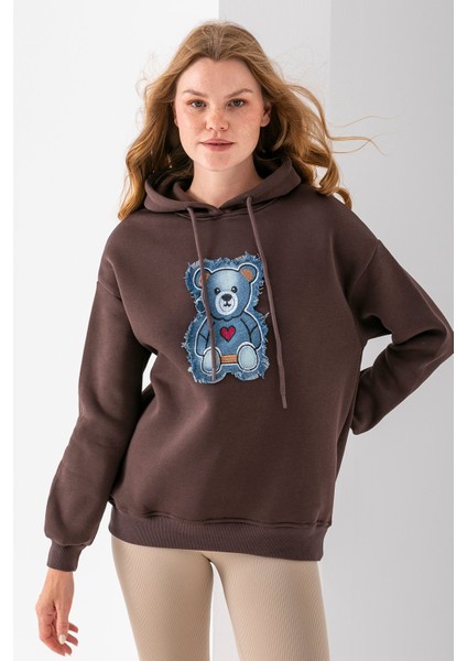 Kadın Kapüşonlu Kot Ayıcık Nakışlı 3ip Sweatshirt Kahverengi - 2621 fırsatları