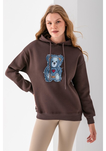 Kadın Kapüşonlu Kot Ayıcık Nakışlı 3ip Sweatshirt Kahverengi - 2621 indirimleri