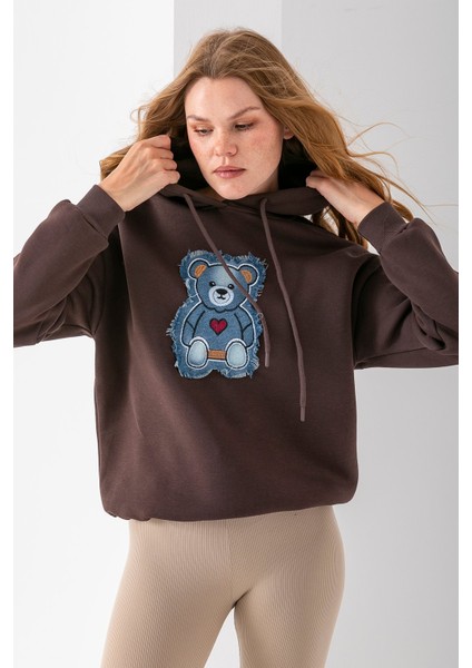 Kadın Kapüşonlu Kot Ayıcık Nakışlı 3ip Sweatshirt Kahverengi - 2621