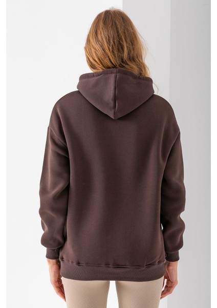 Kadın Kapüşonlu Kot Ayıcık Nakışlı 3ip Sweatshirt Kahverengi - 2621