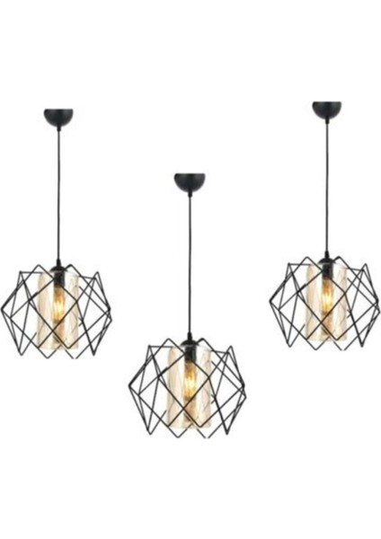 Şık Mika Camlı 3 Lü Kare Tel Avize, Siyah, Modern ve Zarif Aydınlatma Seçeneği