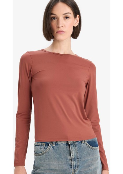 Slim Fit Dar Kesim Bisiklet Yaka Basic Düz Uzun Kollu Tişört D3756AX25AU