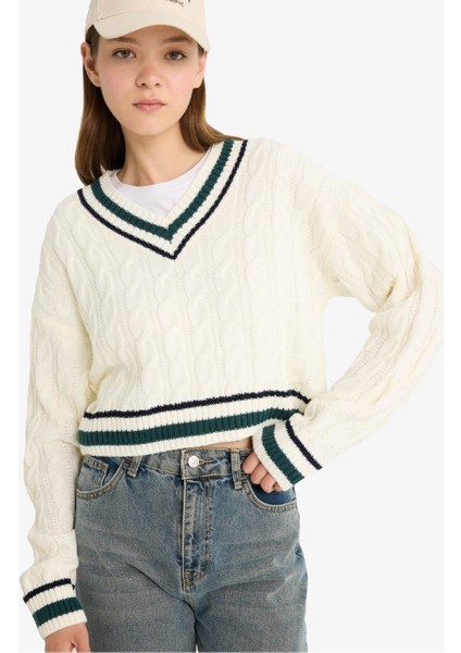 Coool Regular Fit V Yaka Saç Örgülü Triko Kazak C7321AX25WN fırsatları