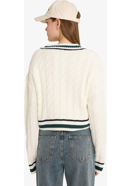 Coool Regular Fit V Yaka Saç Örgülü Triko Kazak C7321AX25WN