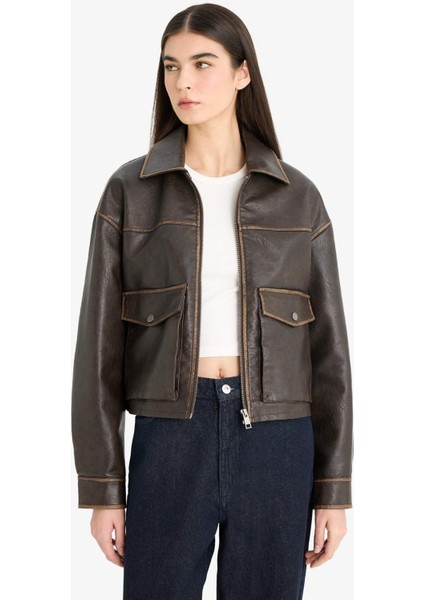 Relax Fit Polo Yaka Tafta Suni Deri Mont E8538AX25AU fırsatları