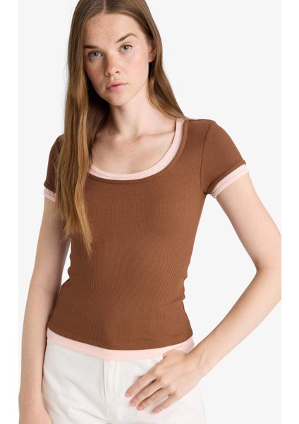 U Yaka Fitilli Kaşkorse Kısa Kollu Tişört F8743AX25AU