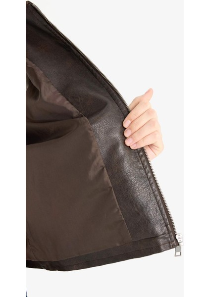 Relax Fit Polo Yaka Tafta Suni Deri Mont E8538AX25AU