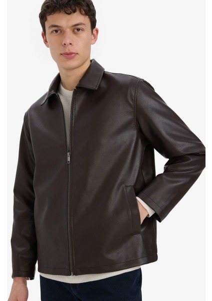 Regular Fit Gömlek Yaka Fermuarlı Cepli İç Cepli Mevsimlik Baharlık Suni Deri Ceket Mont E8888AX25AU modelleri