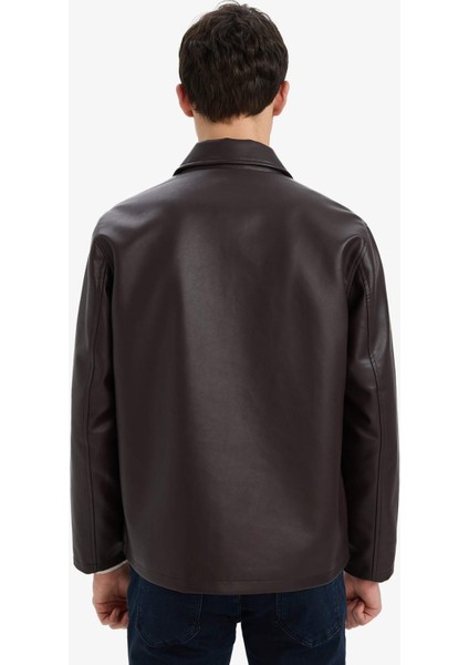 Regular Fit Gömlek Yaka Fermuarlı Cepli İç Cepli Mevsimlik Baharlık Suni Deri Ceket Mont E8888AX25AU