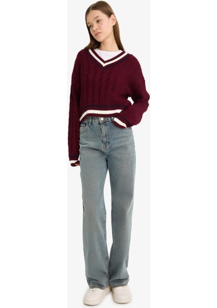 Regular Fit V Yaka Saç Örgülü Triko Kazak C7321AX25WN fiyatları