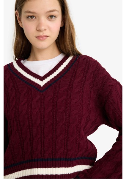 Regular Fit V Yaka Saç Örgülü Triko Kazak C7321AX25WN fırsatları