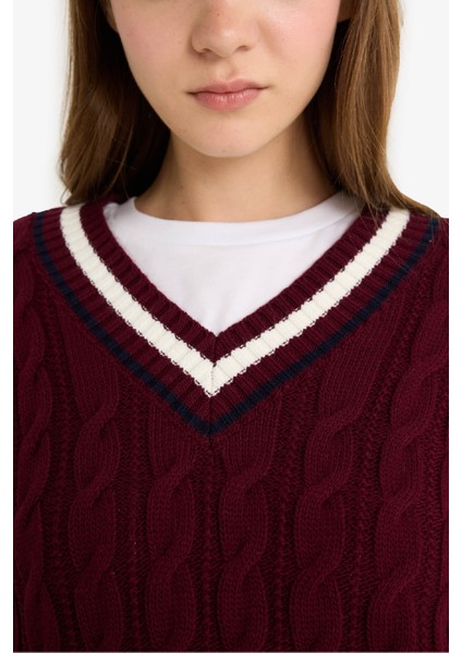 Regular Fit V Yaka Saç Örgülü Triko Kazak C7321AX25WN indirimleri