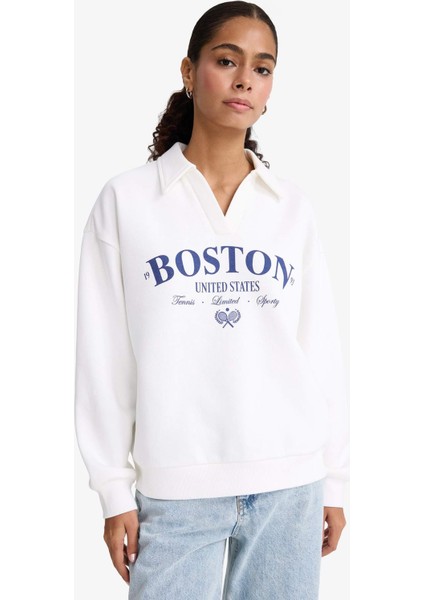 Relax Fit Polo Yaka Baskılı Kalın Sweatshirt modelleri