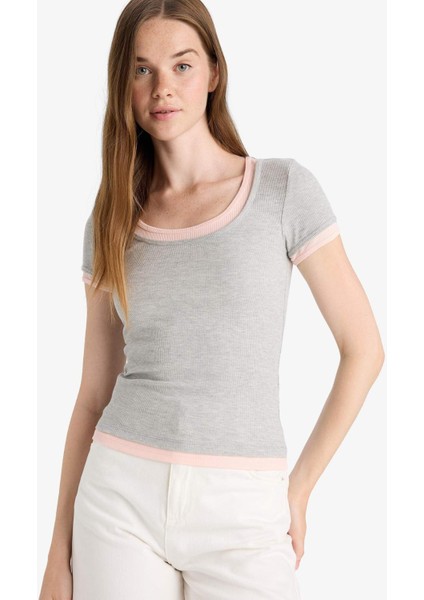 U Yaka Fitilli Kaşkorse Kısa Kollu Tişört F8743AX25AU