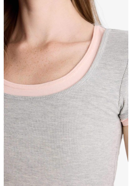 U Yaka Fitilli Kaşkorse Kısa Kollu Tişört F8743AX25AU indirimleri