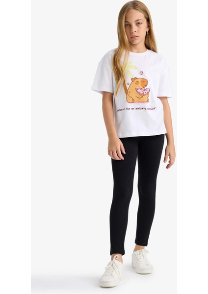 Kız Çocuk Oversize Geniş Kalıp Bisiklet Yaka Baskılı Kısa Kollu Tişört F9722A825HS fiyatları